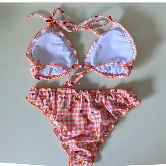 Shein 2Pcs Set Lemon Orange Plaid Bikini With Red Bows. - Picture 3 of 8